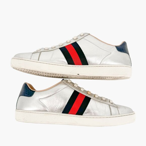 Gucci Ace Web Stripe Sneaker EU 38.5 US 8.5 Metallic Silver Leather Low Top Shoe - Picture 8 of 12